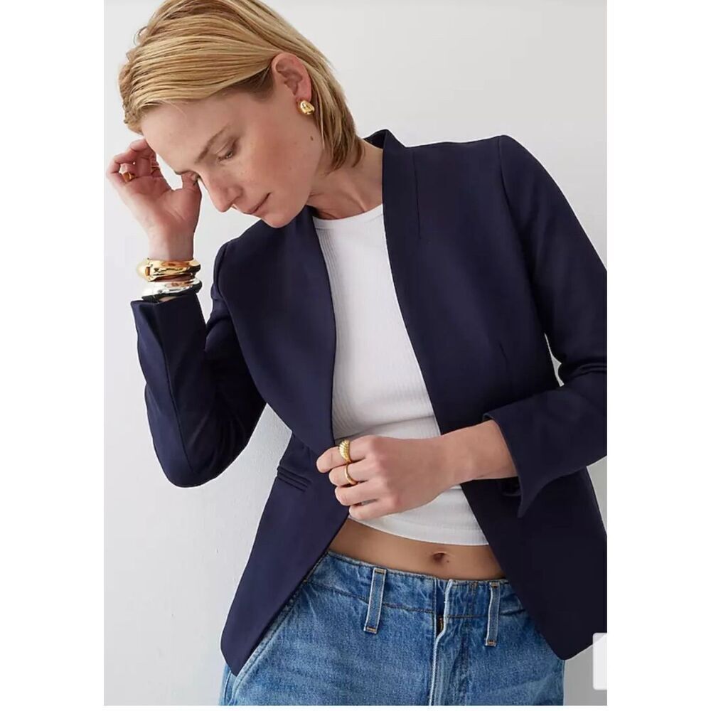 J.Crew Womens Long Sleeve Going Out Twill Open Blazer Navy Blue Size 0